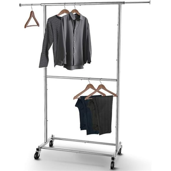 Double Rod Clothing Garment Rack, Rolling Clothes Organizer on Wheels, Chrome - Picture 1 of 6